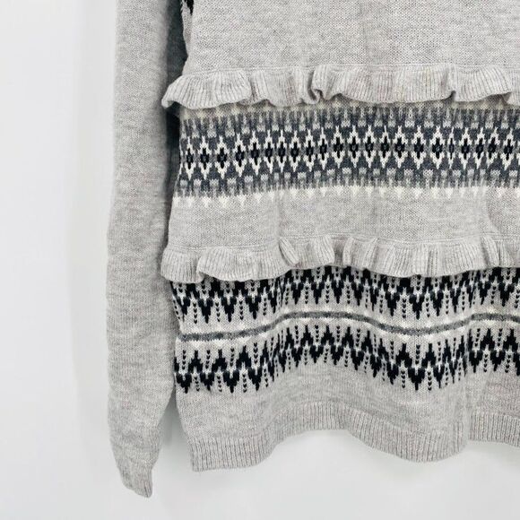 Talbots Petites Size Large Gray Fair Aisle Ruffled Lambswool Crewneck Sweater - Picture 5 of 7